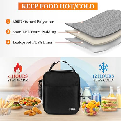 opux Insulated Lunch Bag for Kids Boys Girls, Small Compact Lunch Box with Wide Opening & Mesh Pockets, Reusable Lunch Pail for School, Work, Adults, Men, Women, Teal - color: Black