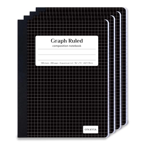 ONAVIA Graph Composition Notebook 4 Pack, 4x4 Grid, 200 Pages, Black | 100 ct, 9.75 x 7.5 in, Grid Paper Notebook, Squared Notebook, Graph Notebook, Math, Science, Engineering - size: 4 Pack