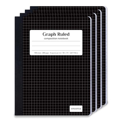 ONAVIA Graph Composition Notebook 4 Pack, 4x4 Grid, 200 Pages, Black | 100 ct, 9.75 x 7.5 in, Grid Paper Notebook, Squared Notebook, Graph Notebook, Math, Science, Engineering - size: 4 Pack