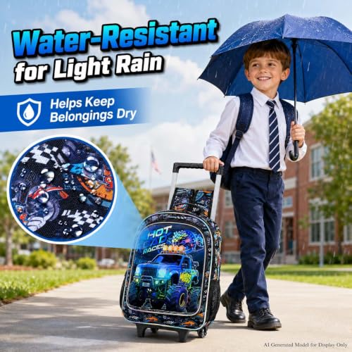 CCJPX 3Pcs Truck Rolling Backpack for Boys, 18" Kids Wheeled Bookbag with Lunch Box, Lightweight Roller School Bag for Elementary Preschool(Black) - color: Blue Truck