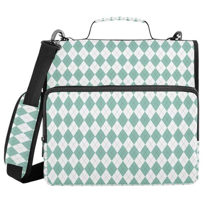 Green White Diamond Checkered Plaid Striped Binder Bag 3 Ring Zipper Binders with Shoulder Strap for School Office Organizer Storage - color: Q012
