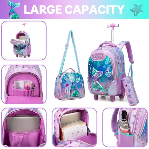 Meetbelify Mermaid Rolling Backpack for Girls Kids Wheels Backpacks for Elementary Student Wheeled Trolley Trip Luggage for Teen Girls with Lunch Box Pencil Case - color: Mermaid Purple