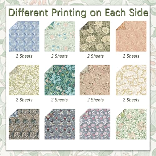 24 Sheets Scrapbook Paper 12" Double-Sided Photo Backdrop Bohemian Patterned (Floral Design J)