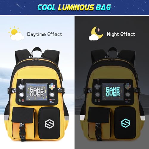 Scothen Boys Backpack, Cool Luminous School Backpacks for Boys with Lunch Bag Pencil Case, Kids Backpack Kindergarten Elementary Middle School Book Bags for Teen Boy Children with USB Charging Port - color: Yellow