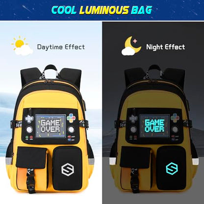 Scothen Boys Backpack, Cool Luminous School Backpacks for Boys with Lunch Bag Pencil Case, Kids Backpack Kindergarten Elementary Middle School Book Bags for Teen Boy Children with USB Charging Port - color: Yellow
