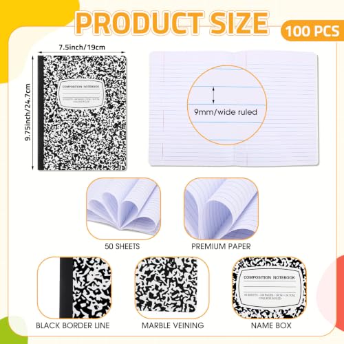 Fainne 100 Pack College Ruled Composition Notebooks B5 Composition Book Bulk 7.5 x 9.8 Inch 50 Sheets/ 100 Pages Marble Cover Journal Notebooks for College Office Back to School Supplies(Black) - color: Black