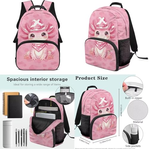 Pink Cowboy Axolotl Backpack Set for Girls 6-12, Elementary Kids School Bookbag with Insulated Lunch Box, Pencil Case & Water Bottle Holder for Back to School - color: Pink Cowboy Axolotl