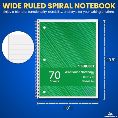 1InTheOffice Spiral Notebook 8.5x11 Wide Ruled, 1-Subject Notebooks, Wirebound Spiral Notebooks, 3-Hole Punched, 70 Sheets, Assorted Colors, 4 Pack