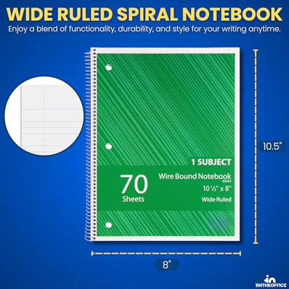 1InTheOffice Spiral Notebook 8.5x11 Wide Ruled, 1-Subject Notebooks, Wirebound Spiral Notebooks, 3-Hole Punched, 70 Sheets, Assorted Colors, 4 Pack