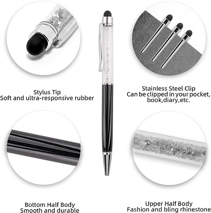 Bling Ballpoint Pens Crystal Diamond Pen Capacitive Touch Screen Stylus with Replacement Refills Rubber Tips for iPhone iPad Kindle Touchscreen Devices 3Pcs Writing Pen (Black) - color: black