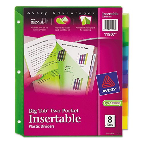 Avery 11907 Two-Pocket Insertable Dividers, Plastic, 8-Tab, Multi-Color