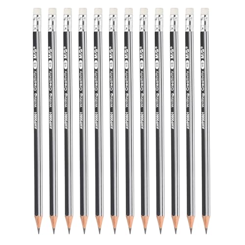 M&G Wooden Hexagonal Pencils, 12 Pcs HB Pencils Graphite Round Pencils with Eraser for Classroom Teacher Office Supplies, Silver Black
