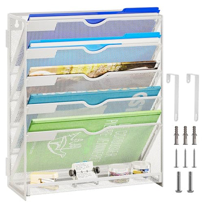 Lavatino 6-Tier Hanging File Organizer, Wall Mount File Holder for Mails Folders Papers Magazine Organization, Vertical Document Organizer for Office Home - (White)