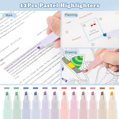 MoKo Pencil Case with Supplies, 60Pcs Aesthetic School Set, Pink | Includes highlighters, gel and ballpoint pens, mechanical pencils, refills, sticky notes, correction tapes and rulers. - color: Pink-60P