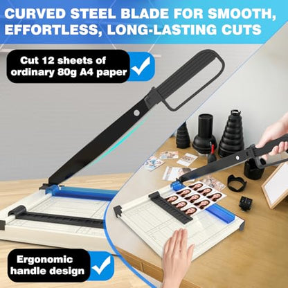Guillotine Paper Cutter, A4 Paper Cutter, Heavy Duty Paper Trimmer with Safety Guard, 12 Sheets Capacity, Paper Guillotine for Cardstock, Photos, Scrapbooking, Office, Classroom, Studio