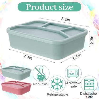 2 Pack Silicone Bento Box, 4-Compartment Leak-Proof Large Lunch Container with Lids, 42 oz Food-Grade Meal Prep Box, Microwave & Dishwasher Safe, Unbreakable Reusable Food Storage for Adults