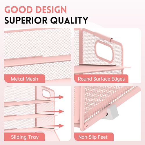5-Tier Desk Organizer with File Holder & Pen Holder & Sliding Drawer, Pink | Mesh Metal Paper Letter Tray for Papers, Mail, Office Supplies, and Desk Accessories - color: Pink