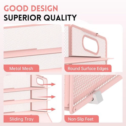 5-Tier Desk Organizer with File Holder & Pen Holder & Sliding Drawer, Pink | Mesh Metal Paper Letter Tray for Papers, Mail, Office Supplies, and Desk Accessories - color: Pink