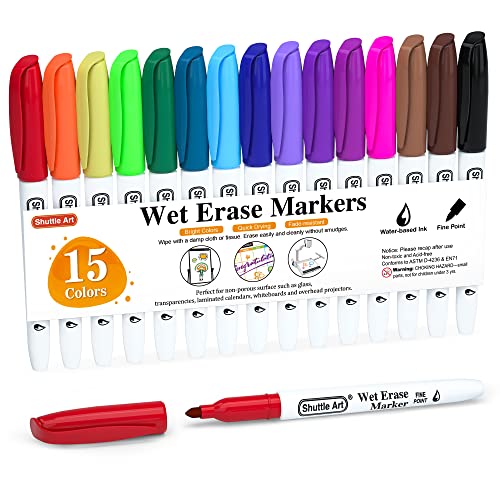 Shuttle Art Wet Erase Markers, 15 Colors 1mm Fine Tip Smudge-Free Markers, Use on Laminated Calendars,Overhead Projectors,Schedules,Whiteboards,Transparencies,Glass,Wipe with Water - color: 15 Colors