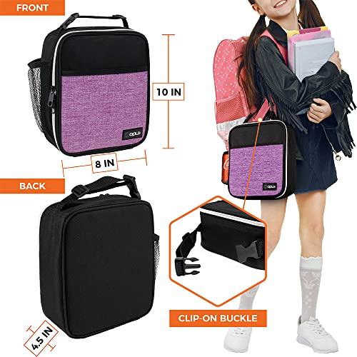 opux Insulated Lunch Bag for Kids Girls, Small Compact Lunch Box with Wide Opening & Mesh Pockets, Reusable Lunch Pail for School, Work, Adults, Women, Heather Purple - color: Heather Purple