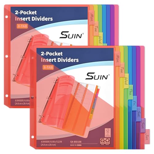 SUIN 8-Tab Insertable Binder Dividers with Double Pockets - Translucent Plastic Page Separators for 3 Ring Binder, Front & Back Storage, Durable Poly, Letter Size, Rainbow Colors, 2-Pack - size: 2