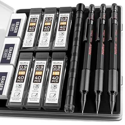 Nicpro 0.9 Metal Mechanical Pencil Set with Case, 3PCS Hevey Duty MP2000 Lead Pencil With 6 Tube HB Lead Refills 0.9mm, Erasers, Weatherproof Barrel for Outdoor Writing Drafting Drawing Sketching - size: 1 Count (Pack of 3)