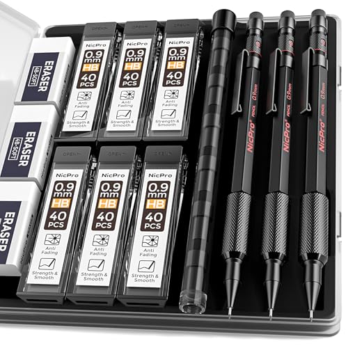 Nicpro 0.9 Metal Mechanical Pencil Set with Case, 3PCS Hevey Duty MP2000 Lead Pencil With 6 Tube HB Lead Refills 0.9mm, Erasers, Weatherproof Barrel for Outdoor Writing Drafting Drawing Sketching - size: 1 Count (Pack of 3)