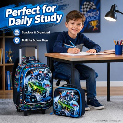 CCJPX 3PCS Truck Rolling Backpack for Boys, Kids Roller Wheels School Bookbag Set, Cars Travel Wheeled School Bag for Toddler Elementary Children-Blue - color: Green Truck