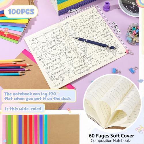 Handepo 100 Pack A5 Composition Notebooks Bulk 5"x8" Lined Kraft Soft Cover Journals, 60 Pages Bulk School Supplies for Students Classroom Office - color: Classic, size: A5