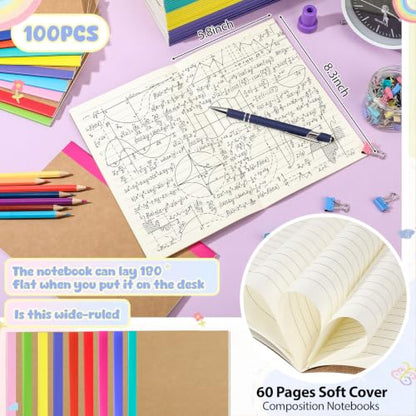 Handepo 100 Pack A5 Composition Notebooks Bulk 5"x8" Lined Kraft Soft Cover Journals, 60 Pages Bulk School Supplies for Students Classroom Office - color: Classic, size: A5