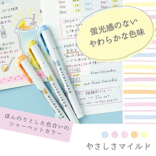 Zebra WKT7-5C-YC Highlighter, Mild Liner, Gentle Mild 5 Color Set - color: 5 colors (mild gentle), style: Fluorescent