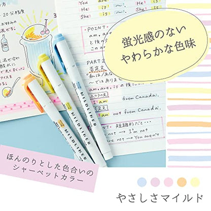 Zebra WKT7-5C-YC Highlighter, Mild Liner, Gentle Mild 5 Color Set - color: 5 colors (mild gentle), style: Fluorescent
