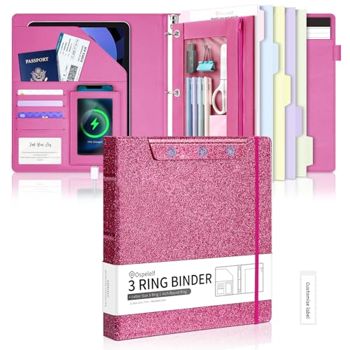 Ospelelf Glitter Leather Clipboard Binder 1 Inch, Magnetic Clipboard Folio Organizer with 5 Pocket Dividers & Zipper Pouch, Cute 3 Ring Document Organizer Binder for Office, Glitter Pink - color: Glitter Pink