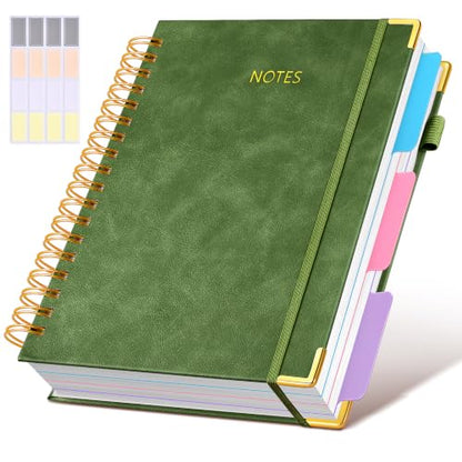 JASLEKO 3 Subject Notebook College Ruled with Dividers Tabs, 100 GSM Leather Hardcover Spiral Notebooks for School Work, 240 Pages Large Cute Notebook Journal for Women Men, College Students,Green - color: Green