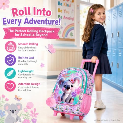 KLFVB Rolling Backpack for Girls, 3PCS Kids Roller Bookbag with Lunch Bag, Wheeled School Bag for Children - Koala - color: Upgraded Uv Printing Pink Koala Rolling Backpack