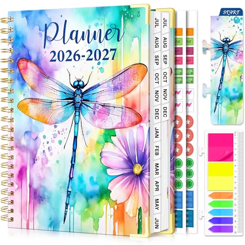 Academic Planner 2026-2027, 18 Months Weekly & Monthly Calendar Planner | July 2026 - Dec 2027, 9" x 11.6" A4 Size, Hardcover Daily Agenda with Tabs, Inner Pocket, Bookmark, Stickers, Sticky Note Set - color: Colorful Dragonfly, size: A4