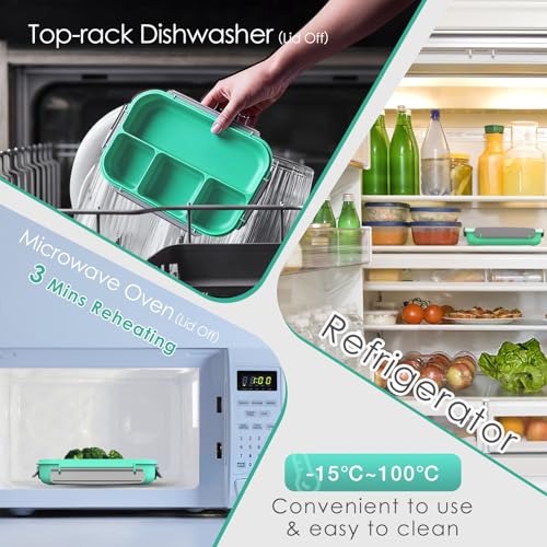 WHALEHOUSE Bento Lunch Box, 1000ML 4 Compartments Meal Prep Container with Utensil, Airtight Food Storage Container with Snap Locking Lids, Microwave/Dishwasher/Freezer Safe, On the Go - color: 1000mL-Green
