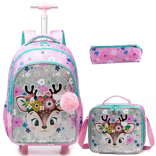 Kids Rolling Backpack for Girls Moose Suitcases Trolley Roller Luggage Backpacks on Wheels with Lunch Box Pencil Case for Elementary Multiple Compartment Pockets Travel School Bag Pink - color: Pink-12814