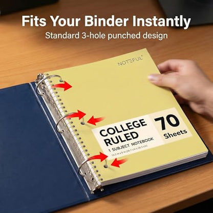 Single Subject Spiral Notebook, 70 Ruled Pages, 10.5 x 8 Inch, College Ruled Paper, Wire Bound Notebook for School, College, Office & Home Pack of 12