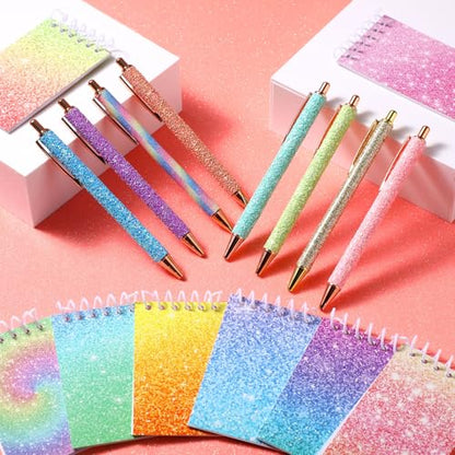 Sherr 16 Pcs Glitter Pens and Notebooks Set Mini Spiral Notepads Fancy Pens for Kids Girls Women Sparkly Sequins Journaling Ballpoint Christmas Birthday Gift Classroom Rewards(Macaron Colors) - color: Macaron Colors