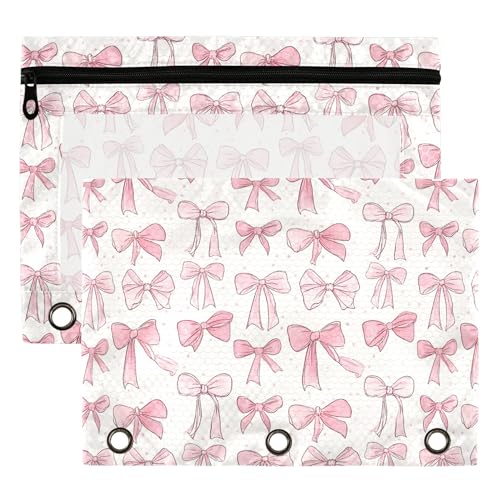 Wamika Cute Bowknot White Binder Pouches 3 Ring for Boys Girls School Office College Supplies Pink Ribbon Bow and Stars Pencil Pouches Case Bag with Clear Window and Zipper 2 pack - color: Bowknot