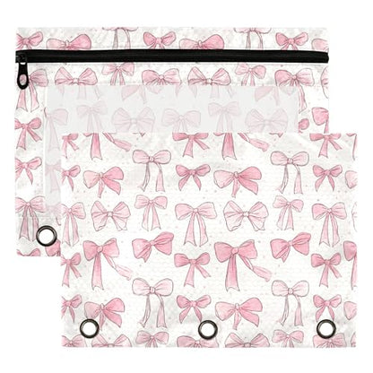 Wamika Cute Bowknot White Binder Pouches 3 Ring for Boys Girls School Office College Supplies Pink Ribbon Bow and Stars Pencil Pouches Case Bag with Clear Window and Zipper 2 pack - color: Bowknot