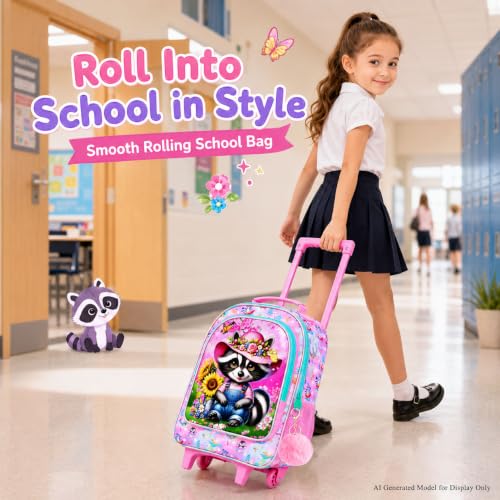 gxtvo Girls Rolling Backpack, Cute Raccoon Roller Wheels Kids Bookbag - Wheeled Elementary School Bag - 3PCS Raccoon - color: Uv Printing Raccoon Pink Rolling Backpack