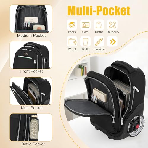 NEW TILAMI 19 Inch Rolling Backpack with Lunch Bag for Girls Boys Wheeled Laptop Backpack Durable Carry-on Bag School Travel, Black - color: Black