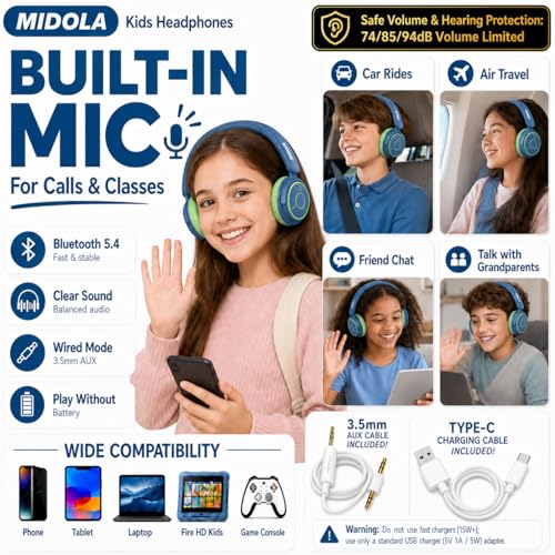 MIDOLA Kids Bluetooth Headphones 68H Play Time,Volume Limit 85/94dB, Foldable Lightweight Wireless Over-Ear Headphone for Kid Toddler Child Pad Tablet,Headsets with Built-in Mic Green Blue - color: Deep Blue
