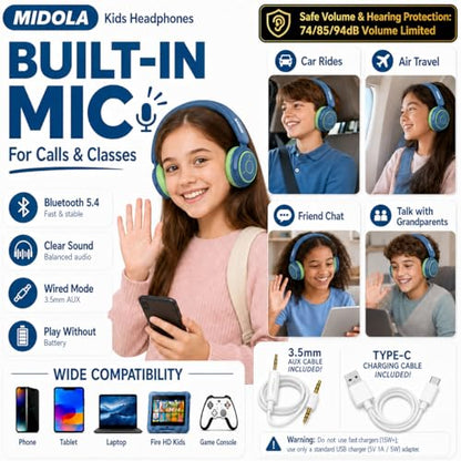 MIDOLA Kids Bluetooth Headphones 68H Play Time,Volume Limit 85/94dB, Foldable Lightweight Wireless Over-Ear Headphone for Kid Toddler Child Pad Tablet,Headsets with Built-in Mic Green Blue - color: Deep Blue