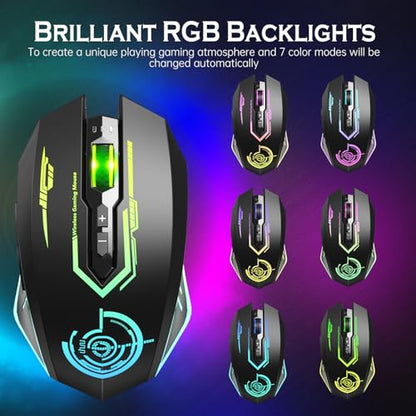 UHURU Wireless Gaming Mouse Up to 12000 DPI, Rechargeable USB-C Wireless Mouse with 7 Buttons 7 Dynamic LED Color Ergonomic Programmable MMO RPG for PC Laptop, Compatible with Windows Mac - color: Black