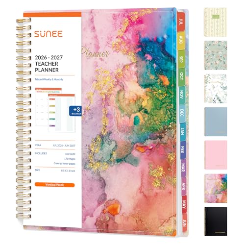 SUNEE Teacher Planner 2026-2027 Academic Year, Lite Lesson Planner Book with 7 Periods Jul 2026 - Jun 2027, 8.5"x11" Daily Weekly and Monthly Organizers, Plan Book with Pocket, Color Tabs, Pink Marble - color: Marble