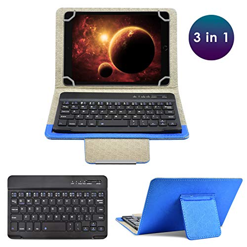 DETUOSI Universal 8.0 inch Android Tablet Case with Keyboard, Removable Wireless Bluetooth Keyboard + PU Leather Folio Book Cover + Stand, Travel Portable Sleeve for iOS/Android/Windows System Tablet - color: Blue Case + Black Keyboard