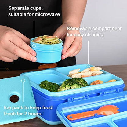 Genteen Lunch Box with 3 Compartments for Measl and Snacks, Sauce Container - color: BLUE2